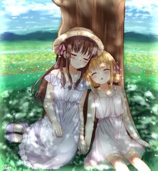  2girls absurdres blonde_hair blue_sky blush brown_hair closed_eyes commentary_request day dress fruits_basket grass hair_ribbon hat highres honda_tohru kazari_s multiple_girls outdoors ribbon sandals sitting sky sleeping smile souma_kisa tree white_dress 