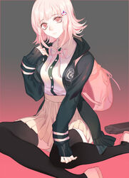  absurdres animal_ears backpack bag black_jacket black_thighhighs breasts brown_skirt commentary danganronpa_(series) danganronpa_2:_goodbye_despair dj.adonis female flipped_hair frown galaga hair_ornament hairclip handheld_game_console highres jacket long_sleeves looking_at_viewer medium_breasts medium_hair nanami_chiaki photoshop_(medium) pink_bag pink_eyes pink_hair pink_ribbon ribbon shirt sitting skirt sleeves_past_wrists solo thighhighs white_shirt 