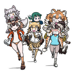  6+girls :d @_@ animal_ears animal_print aomushi_taro bike_shorts blue_eyes blush blush_stickers boots borrowed_character brown_eyes brown_hair buruma carrying cheetah_(kemono_friends) cheetah_ears cheetah_print cheetah_tail clenched_teeth closed_eyes closed_mouth collared_shirt commentary_request dog_(mixed_breed)_(kemono_friends) dog_ears dog_girl dog_tail elbow_gloves extra_ears fangs full-face_blush full_body gloves greater_roadrunner_(kemono_friends) green_eyes green_hair grey_hair gym_shirt gym_uniform hair_tubes head_on_head head_rest heavy heterochromia highres horizontal_pupils horns jacket jacket_on_shoulders kemono_friends kemono_friends_2 kemono_friends_r light_brown_hair long_hair long_sleeves looking_at_another medium_hair multicolored_hair multiple_girls necktie nose_bubble open_clothes open_jacket open_mouth orange_hair piggyback ponytail print_gloves print_thighhighs pronghorn_(kemono_friends) running shirt shoes siberian_tiger_(kemono_friends) sidelocks simple_background sleeping sleeping_upright smile socks sportswear streaked_hair striped_hair struggling sweat tail teeth thighhighs tiger_ears tiger_girl tiger_print tiger_tail tomoe_(kemono_friends)_(niconico88059799) tongue tongue_out track_jacket twintails v-shaped_eyebrows very_long_hair white_background white_hair white_shirt yellow_eyes zettai_ryouiki 