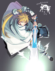  1boy belt black_gloves blonde_hair blue_eyes fighting_stance fingerless_gloves gloves grin guilty_gear guilty_gear_xrd hair_between_eyes highres huge_weapon ky_kiske lightning long_hair magic magnolia_eclair_ii male_focus multiple_belts ookami_ryousuke ponytail smile solo sword weapon 