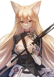  absurdres animal_ear_fluff animal_ears arknights bag blonde_hair bow breasts breeze_(arknights) cleavage closed_mouth commentary_request corset cowboy_shot female fox_ears hair_between_eyes highres holding holding_staff large_breasts long_hair nagute pouch shoulder_bag simple_background sleeves_past_elbows smile solo staff straight_hair striped striped_bow very_long_hair white_background 