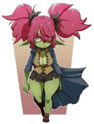  2022 absurd_res breasts cleavage clothed clothing cross female goblin green_body green_skin hair hair_over_eye hi_res humanoid not_furry nuclearwasabi one_eye_obstructed solo wide_hips 