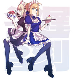  2girls ahoge alternate_costume apron artoria_pendragon_(fate) back-to-back blonde_hair blue_eyes cake chopsticks dual_persona eating enmaided fate/stay_night fate_(series) food gyuudon highres maid maid_apron maid_headdress multiple_girls saber_(fate) saber_alter shayubi thighhighs wrist_cuffs yellow_eyes 