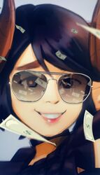  black_hair choker close-up commentary demon_girl demon_horns english_commentary facing_viewer female grin highres horns lips meme money nona_(thirnz) original ray-ban reflection smile solo sunglasses swept_bangs thirnz 