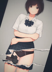  bikini black_bow black_bowtie black_hair black_panties black_skirt blurry bow bowtie breasts brown_eyes closed_mouth collared_shirt commentary concealed_weapon dress_shirt english_commentary female genso gun handgun high-waist_skirt highres holster holstered looking_at_viewer medium_breasts original page_tear panties photo_(object) plaid plaid_skirt pleated_skirt polka_dot polka_dot_bikini revealing_layer ruger_lcp school_uniform shirt short_hair short_sleeves skindentation skirt solo swimsuit thigh_holster underwear weapon wing_collar 