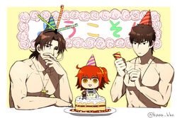  2boys arm_support birthday_cake blowing brown_hair cake chibi cross fate/grand_order fate/stay_night fate/zero fate_(series) female food fujimaru_ritsuka_(female) hair_between_eyes hat kaidou_j1 kotomine_kirei medium_hair multiple_boys muscular open_mouth orange_hair parted_bangs party_hat party_popper photoshop_(medium) plate side_ponytail time_paradox topless_male yellow_eyes 