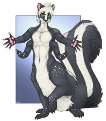  2019 4_arms accelo digital_media_(artwork) fur hair hi_res juniper_skunktaur looking_at_viewer male mammal mammal_taur mephitid mephitid_taur multi_arm multi_limb multifur nude pawpads paws simple_background sitting skunk skunk_taur smile solo spread_arms taur 