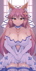  absurdres animal_ear_fluff animal_ears bare_shoulders blush breasts bridal_veil bride cleavage clothing_cutout collarbone dress elbow_gloves fate/extella fate/extra fate/extra_ccc fate/grand_order fate_(series) female fox_ears fox_girl fox_tail gloves heart heart-shaped_pupils highres indoors jewelry jifuwabe large_breasts long_hair looking_at_viewer midriff navel navel_cutout oerba_yun_fang ornate_ring pink_hair ring smile solo symbol-shaped_pupils tail tamamo_(fate) tamamo_no_mae_(fate/extra) tears veil very_long_hair wedding wedding_dress wedding_ring white_dress white_gloves yellow_eyes 