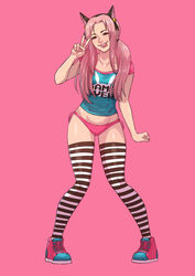  absurdres animal_ears bell belle_delphine black_thighhighs breasts cat_ears cirenk commentary commission cosplay d.va_(overwatch) d.va_(overwatch)_(cosplay) dimple english_commentary fake_animal_ears female full_body highres jingle_bell long_hair multicolored_footwear no_pants overwatch overwatch_1 panties pigeon-toed pink_background pink_hair print_shirt raglan_sleeves real_life shirt shoes side-tie_panties small_breasts sneakers solo striped_clothes striped_thighhighs t-shirt teeth thighhighs tongue tongue_out underwear upper_teeth_only v_over_eye white_panties white_thighhighs 