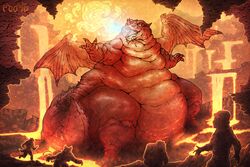  2023 3:2 absurd_res belly cave claws detailed detailed_background dragon dungeons_and_dragons female feral hasbro hi_res lava macro male massive_thighs moomis morbidly_obese morbidly_obese_feral mythological_creature mythological_scalie mythology obese obese_feral overweight overweight_feral red_body scalie size_difference tail themberchaud wings wizards_of_the_coast 