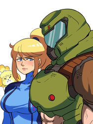  1boy 2girls :i animal_crossing armor assault_visor blonde_hair blue_bodysuit blue_eyes blue_visor blush bodysuit breasts commentary crossover doom_(series) doom_eternal doomguy english_commentary furry furry_female girl_staring_at_guy&#039;s_chest_(meme) helmet highres isabelle_(animal_crossing) long_hair looking_at_viewer mark_of_the_doom_slayer meme metroid mole mole_under_mouth multiple_girls muscle_envy muscular muscular_male ponytail praetor_suit samus_aran simple_background skin_tight space_marine super_smash_bros. three_quarter_view tina_fate zero_suit 