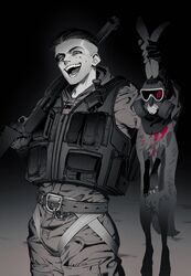  1boy absurdres animal asymmetrical_hair beard_stubble belt blood blood_on_face bulletproof_vest evil_smile facial_hair gas_mask gloves hamzraider highres holding holding_weapon jacket male_focus mask mature_male open_mouth pants rabbit rainbow_six_siege short_hair sidecut smile smoke_(rainbow_six_siege) stubble undercut weapon 