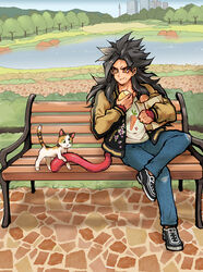  1boy bench black_hair blue_sky body_fur building casual cn_tower commentary_request crossed_legs day denim dragon_ball dragon_ball_gt eating feline food food_on_face hano_(hanos91) jacket jeans lake long_hair male_focus monkey_tail pants park park_bench shoes sky skyscraper sneakers solo son_goku super_saiyan super_saiyan_4 tail toronto_(city) tree yellow_eyes 