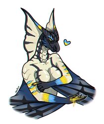  2022 anthro bodypaint breasts capcom carota17 digital_media_(artwork) featureless_breasts female flying_wyvern heart_symbol legiana monster_hunter non-mammal_breasts smile solo stripes_(avelos) wings yellow_eyes 