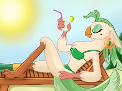  2017 anthro ass avian beak beverage bikini bikini_bottom bikini_top bird captain_celaeno_(mlp) chair chest_tuft closed_eyes clothing digital_media_(artwork) ear_piercing ear_ring eyelashes eyeshadow feathers female friendship_is_magic fur furniture green_bikini green_clothing green_eyeshadow green_feather_hair green_hair green_swimwear green_tail hair hasbro hi_res holding_beverage holding_object justsomepainter11 lying makeup my_little_pony my_little_pony:_the_movie_(2017) on_back on_model parrot pegleg piercing prosthetic prosthetic_leg prosthetic_limb pseudo_hair relaxing ring_piercing smile solo sun sunbathing swimwear tail tan_body tan_fur text tuft 