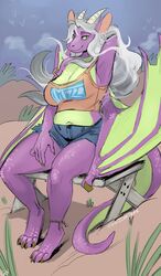  anklet anthro beach belly big_breasts bottomwear breasts cleavage clothed clothing crop_top cutoffs denim denim_bottomwear denim_clothing detailed_background dragon feet female fully_clothed hair hi_res horn hotpants jewelry long_hair looking_at_viewer membrane_(anatomy) membranous_wings midriff mythological_creature mythological_scalie mythology navel outside scalie seaside shirt shorts signature simple_background sitting slightly_chubby smile solo spaghetti_strap tail thick_thighs toes topwear twistedteeth white_hair wings 