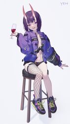  alcohol black_panties bob_cut breasts cup drinking_glass eyeliner fate/grand_order fate_(series) female fishnet_thighhighs fishnets full_body highres horns jacket long_sleeves looking_at_viewer makeup navel oni open_clothes open_jacket open_mouth panties petite purple_eyes purple_footwear purple_hair purple_jacket shoes short_hair shuten_douji_(fate) single_thighhigh sitting skin-covered_horns small_breasts smile sneakers solo stool thighhighs underwear white_background wine wine_glass yeh_(354162698) 