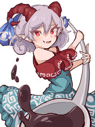  commentary female grey_hair highres holding horns looking_at_viewer meandros mugi_(mugimugi_9kv) oerba_yun_fang open_mouth pointy_ears red_eyes short_hair skin_fang smile solo spoon touhou toutetsu_yuuma white_background 