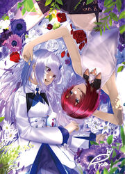  2girls ange_katrina ange_katrina_(1st_costume) armband black_coat blue_eyes blue_skirt blunt_bangs blush coat commentary flower from_above hair_intakes hair_ornament hairclip highres jacket leaf lily_(flower) lize_helesta lize_helesta_(1st_costume) long_hair long_sleeves looking_at_another lying multiple_girls nijisanji on_back open_mouth petals pirapirapirapira plant purple_eyes red_hair rose rose_petals safety_pin shirt short_hair signature skirt sleeveless smile unworn_jacket upside-down virtual_youtuber white_hair white_shirt yuri 