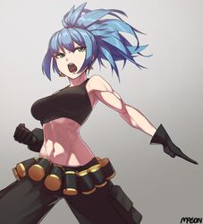  armpits bare_shoulders blue_eyes blue_hair breasts cargo_pants cleavage commentary crop_top earrings english_commentary female gas_can gloves highres jewelry leona_heidern long_hair mason_(ohn0500) midriff military muscular muscular_female navel pants ponytail soldier solo tank_top the_king_of_fighters the_king_of_fighters_xiii 