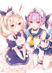  2girls :d anchor ascot ayanami_(azur_lane) ayanami_(azur_lane)_(cosplay) azur_lane bandaid bandaid_on_arm bare_shoulders between_legs black_choker blue_bow blue_dress blue_hair blue_nails blue_ribbon blue_sailor_collar blue_skirt blush bow braid breasts choker cleavage collarbone commentary_request cosplay costume_switch crop_top crossover detached_sleeves dress frilled_dress frills fukunoki_tokuwa hair_between_eyes hair_ornament hair_ribbon hairclip hand_between_legs headgear high_ponytail highres hololive light_brown_hair long_hair maid_headdress medium_breasts midriff minato_aqua minato_aqua_(1st_costume) minato_aqua_(cosplay) multicolored_hair multiple_girls nail_polish open_mouth parted_lips pleated_skirt ponytail puffy_short_sleeves puffy_sleeves purple_eyes purple_hair red_eyes retrofit_(azur_lane) ribbon sailor_collar school_uniform serafuku shirt short_sleeves sidelocks sitting skirt sleeveless sleeveless_shirt smile thighhighs twintails twitter_username two-tone_hair very_long_hair virtual_youtuber wariza white_bow white_shirt white_sleeves white_thighhighs wrist_cuffs yellow_ascot 