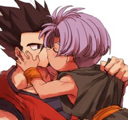  2boys age_difference black_eyes black_hair blush dragon_ball dragon_ball_z kissing kometubu0712 male_focus multiple_boys onii-shota purple_hair simple_background son_gohan trunks_(dragon_ball) white_background yaoi 