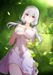  blush breasts dress female grass hair_between_eyes hakase_fuyuki highres looking_at_viewer lying nijisanji on_back red_eyes simple_background sleeveless sleeveless_dress smile solo twintails vane_(vane0) virtual_youtuber white_dress 