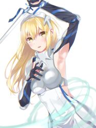  absurdres aiz_wallenstein arm_up armor armpits bad_id bad_pixiv_id black_gloves black_sleeves blonde_hair breastplate commentary_request covered_navel dress dungeon_ni_deai_wo_motomeru_no_wa_machigatteiru_darou_ka dutch_angle faulds female floating_hair gloves hair_between_eyes highres holding holding_sword holding_weapon long_hair long_sleeves looking_at_viewer naruse_(0819) open_mouth shrug_(clothing) simple_background sleeveless sleeveless_dress solo standing sword weapon white_background white_dress yellow_eyes 