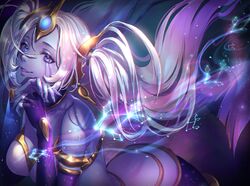  alternate_costume armlet bare_shoulders blue_eyes collarbone colored_skin constellation cosmic_destiny_nami facial_mark female fingerless_gloves fingernails gloves hair_between_eyes league_of_legends long_hair looking_at_viewer nami_(league_of_legends) nyaamen_fork parted_lips purple_eyes purple_gloves purple_skin smile solo sparkle spikes twintails white_hair 