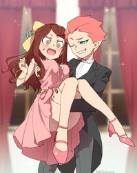  2girls ahoge amanda_o&#039;neill arikindows10 bangle bare_legs bare_shoulders black_jacket black_pants blurry blush bow bracelet breasts brown_eyes brown_hair carrying commentary_request convenient_leg crossdressing curtains depth_of_field dress formal green_eyes hairbow hanna_england high_heels jacket jewelry legs little_witch_academia long_hair multicolored_hair multiple_girls necklace one_eye_closed open_mouth orange_hair pants parted_hair pendant pink_dress pink_footwear pleated_dress princess_carry reverse_trap sash shirt short_hair sidelocks smile sparkle strappy_heels suit surprised sweatdrop thick_eyebrows thighs two-tone_hair wavy_hair wavy_mouth white_shirt wide-eyed window yellow_bow yellow_sash yuri 