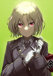  adjusting_clothes adjusting_gloves alternate_costume armband blonde_hair commentary_request dies_irae expressionless female gloves green_background highres kokubyaku_no_avesta looking_at_viewer military military_uniform necktie okina_(805197) quinn_(kokubyaku_no_avesta) red_armband red_eyes shinza_bansho_series solo straight-on uniform white_gloves 