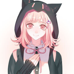  black_jacket commentary danganronpa_(series) danganronpa_2:_goodbye_despair dj.adonis female flipped_hair galaga hair_ornament hairclip highres hood hood_up jacket long_sleeves looking_at_viewer medium_hair nanami_chiaki photoshop_(medium) pink_eyes pink_hair pink_ribbon ribbon simple_background smile solo upper_body white_background 