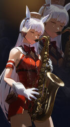  absurdres animal_ears armband armpit_crease bare_shoulders black_background blue_bow bow bowtie breasts brown_headwear closed_eyes closed_mouth commentary cowboy_shot dress ear_bow ear_covers female gloves gold_ship_(umamusume) highres holding holding_instrument holding_saxophone horse_ears horse_girl instrument long_hair medium_breasts modare music o-ring pillbox_hat playing_instrument raised_eyebrow red_bow red_bowtie red_dress saxophone shade short_dress sleeveless sleeveless_dress solo spotlight standing sweatdrop umamusume very_long_hair white_gloves white_hair zoom_layer 