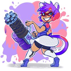  1:1 2016 anthro blue_eyes bottomwear breasts cephalopod clothing domestic_cat eyewear felid feline felis female footwear gatling_gun glasses gun hair hi_res ink kdhynamo lavender_delarosa machine_gun mammal marine minigun mollusk nintendo ranged_weapon shirt shoes short_hair shorts simple_background skirt smile solo spandex spandex_shorts splatling splatoon standing tail tentacle tentacle_tail tight_bottomwear tight_clothing tight_shorts topwear unusual_anatomy unusual_tail weapon 