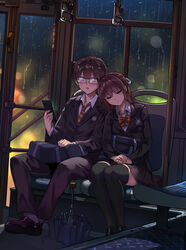  1boy bag black_footwear black_jacket blush bow bowtie brown_hair cellphone chinese_commentary commentary_request female formal glasses hair_ornament holding holding_phone jacket leaning_on_person loafers long_hair lu_(yewang19) original outdoors partial_commentary phone revision school_uniform shirt shoes short_hair sitting sleeping sleeping_on_person thighhighs umbrella white_shirt yewang19 yu_xuan_(yewang19) 