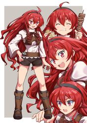  :d :o ahoge armor black_hairband boots border breastplate brown_footwear brown_shorts commentary crossed_bangs eating eris_greyrat female food grey_background hairband hand_on_own_hip highres holding holding_food long_hair long_sleeves multiple_views mushoku_tensei open_mouth red_eyes red_hair shirt shorts simple_background smile somasoutaro standing teeth upper_teeth_only white_background white_border white_shirt wide_sleeves 