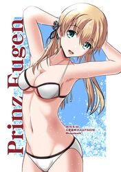  anchor_hair_ornament aqua_eyes arms_behind_head arms_up artist_name bikini blonde_hair blue_background border breasts character_name cleavage collarbone commentary_request cowboy_shot dated female hair_ornament halterneck head_tilt highres kagutsuchi_(victoragna) kantai_collection looking_at_viewer medium_breasts navel prinz_eugen_(kancolle) smile solo swimsuit twintails twitter_username two-tone_background white_bikini white_border 