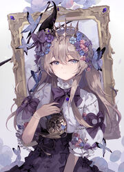  arm_up blue_flower blue_rose bow brown_hair bug butterfly chains clock commentary crying crying_with_eyes_open female flower frilled_shirt_collar frills gem green_flower hair_between_eyes hair_flower hair_ornament hair_over_shoulder hairbow hand_on_own_chest hyatsu lolita_fashion multicolored_eyes original picture_frame pink_flower puffy_short_sleeves puffy_sleeves purple_bow purple_butterfly purple_flower purple_rose purple_theme rose short_sleeves sidelocks solo straight_hair symbol-only_commentary tears tiara 