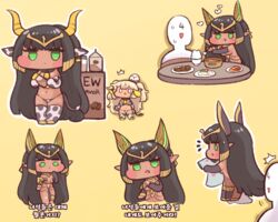  1boy 2girls ^^^ animal_ears animal_print bell bird black_hair blonde_hair breasts bulga chibi circlet coffee_milk commander_(last_origin) commentary cow_ears cow_print dark-skinned_female dark_elf dark_elven_forest_ranger dark_skin eagle ear_tag egyptian egyptian_clothes elf faceless faceless_male food food_focus green_eyes hime_cut horns jackal_ears jitome korean_commentary last_origin long_hair long_pointy_ears multiple_girls neck_bell open_mouth pointy_ears sekhmet_of_death simple_background smile sweatdrop two_side_up very_long_hair yellow_background 