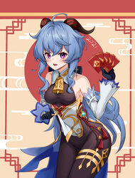  absurdres ahoge bare_shoulders bell black_gloves blue_hair blush bodystocking breasts chinese_knot chinese_new_year chinese_text commentary curled_horns detached_sleeves female ganyu_(genshin_impact) genshin_impact gloves gold_trim highres hongbao horns lifting_own_clothes long_hair looking_at_viewer medium_breasts neck_bell new_year open_mouth purple_eyes setsurimu_(pro_viden) sidelocks solo tassel thighlet vision_(genshin_impact) white_sleeves 