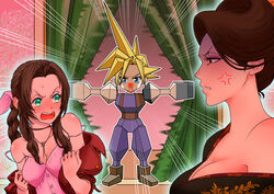  1boy 2girls aerith_gainsborough anger_vein angry bare_shoulders blonde_hair blood blush bow breasts brown_hair changing_room chinese_clothes cleavage cloud_strife curtain_grab curtains dress final_fantasy final_fantasy_vii final_fantasy_vii_remake green_eyes hairbow jacket jewelry low_poly madam_m multiple_girls necklace nosebleed shaded_face strap_slip sweatdrop taruta12 undressing 