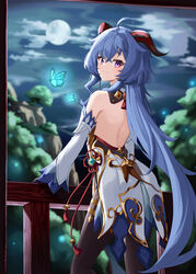  absurdres ahoge backless_outfit bare_shoulders black_legwear blue_hair bow bowtie bug butterfly chinese_knot commentary curled_horns detached_sleeves female full_moon ganyu_(genshin_impact) genshin_impact gold_trim highres horns long_hair looking_at_viewer moon night outdoors purple_eyes scenery setsurimu_(pro_viden) solo tassel very_long_hair vision_(genshin_impact) white_sleeves 