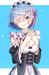  :d absurdres black_bow black_ribbon blue_eyes blue_hair blush bow breasts cleavage commentary detached_sleeves dress_bow female fingers_together frilled_sleeves frills hair_ornament hair_over_one_eye hair_ribbon hairclip highres light_blue_hair long_sleeves looking_at_viewer maid maid_headdress medium_breasts neck_ribbon open_mouth pekoli re:zero_kara_hajimeru_isekai_seikatsu red_ribbon rem_(re:zero) ribbon roswaal_mansion_maid_uniform short_hair simple_background smile solo symbol-only_commentary teeth upper_body upper_teeth_only x_hair_ornament 