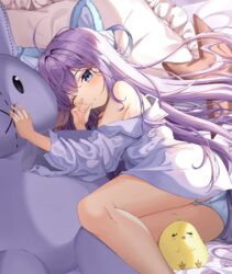  absurdres azur_lane bed bed_sheet bird chanpower233 chick collared_shirt commentary_request dress_shirt female hair_between_eyes hair_ornament hair_ribbon highres long_hair long_sleeves looking_at_viewer lying manjuu_(azur_lane) naked_shirt on_side panties pantyshot parted_lips pillow purple_eyes purple_hair ribbon shirt sidelocks stuffed_animal stuffed_toy tashkent_(azur_lane) underwear waking_up white_panties white_shirt 