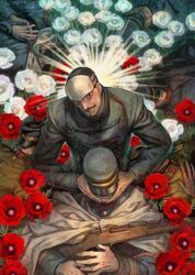  6+boys azuma_toh black_gloves black_hair cape corpse facial_hair flower forehead_protector gloves goatee golden_kamuy hair_slicked_back hanazawa_yusaku hat highres kepi long_sleeves looking_at_viewer male_focus military military_hat military_uniform moustache multiple_boys red_flower tsurumi_tokushirou uniform white_flower 