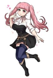  absurdres belt black_footwear blue_thighhighs boots breasts closed_mouth commentary english_commentary female fire_emblem fire_emblem:_three_houses full_body garreg_mach_monastery_uniform heart highres hilda_valentine_goneril jojobee knee_boots long_hair pink_eyes pink_hair short_sleeves simple_background smile solo thighhighs thighhighs_under_boots twintails uniform white_background zettai_ryouiki 