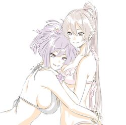  2girls bikini breasts brown_hair frilled_bikini frills halterneck high_ponytail highres hug jigokuraku large_breasts long_hair looking_at_viewer medium_breasts medium_hair mitsugu multiple_girls pale_color ponytail purple_hair scrunchie sideways_glance simple_background smile string_bikini swimsuit topknot white_background wrist_scrunchie yamada_asaemon_sagiri yuri yuzuriha_(jigokuraku) 