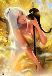  artist_name bare_arms bare_shoulders black_cat breasts cleavage collarbone commentary english_commentary feline female grey_eyes large_breasts lips long_hair looking_at_viewer nima_(ross_tran) original ross_tran sword weapon white_hair yellow_theme 