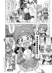  2girls blush blush_stickers braid chi-hatan_military_uniform closed_eyes drink fukuda_(girls_und_panzer) gemu555 girls_und_panzer glasses greyscale happy helmet looking_at_viewer looking_up military military_uniform miniskirt monochrome multiple_girls neckerchief ooarai_school_uniform open_mouth pleated_skirt school_uniform shiny shiny_hair skirt smile speech_bubble sweatdrop takebe_saori tears thighhighs translation_request twin_braids twintails uniform 