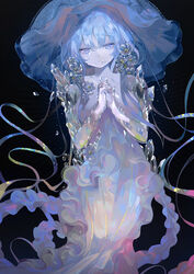  blue_hair blue_theme bubble colored_tears commentary crying crying_with_eyes_open crystal dress empty_eyes english_commentary female flower frilled_dress frills hands_up hyatsu interlocked_fingers jellyfish jellyfish_girl medium_hair monster_girl multicolored_clothes multicolored_dress original own_hands_together solo tears tentacle underwater veil w_arms water_balloon white_flower 